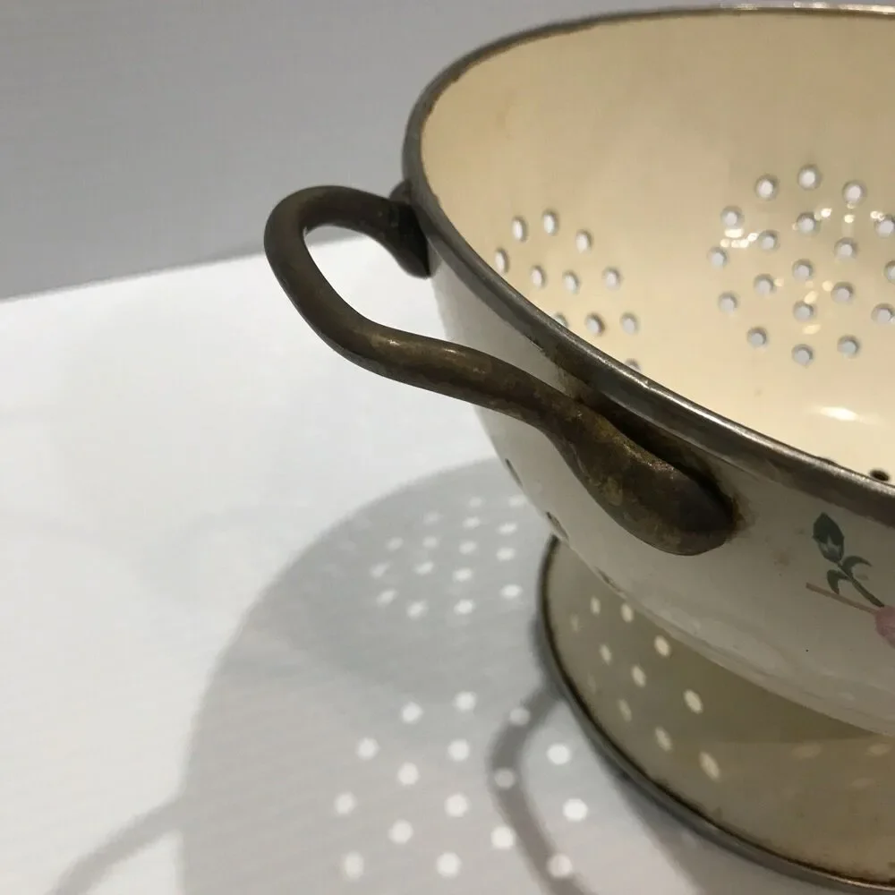Rustic Primitive Vintage White Enamel Collander Floral Print Accent Brass Handle